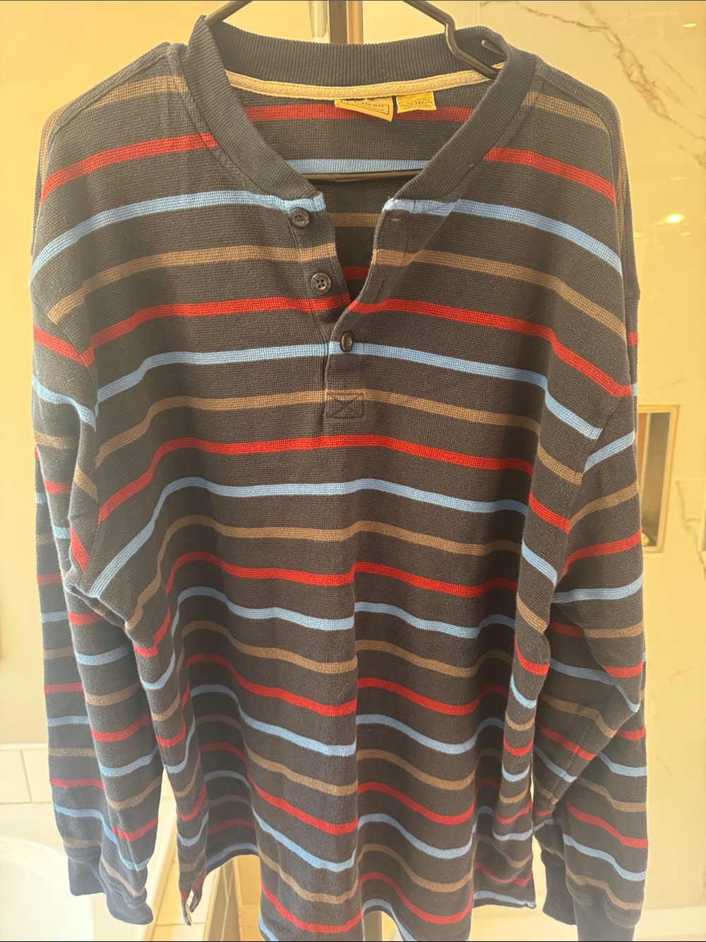 L.L. Bean Navy Henley with Red and Light Blue Stripes